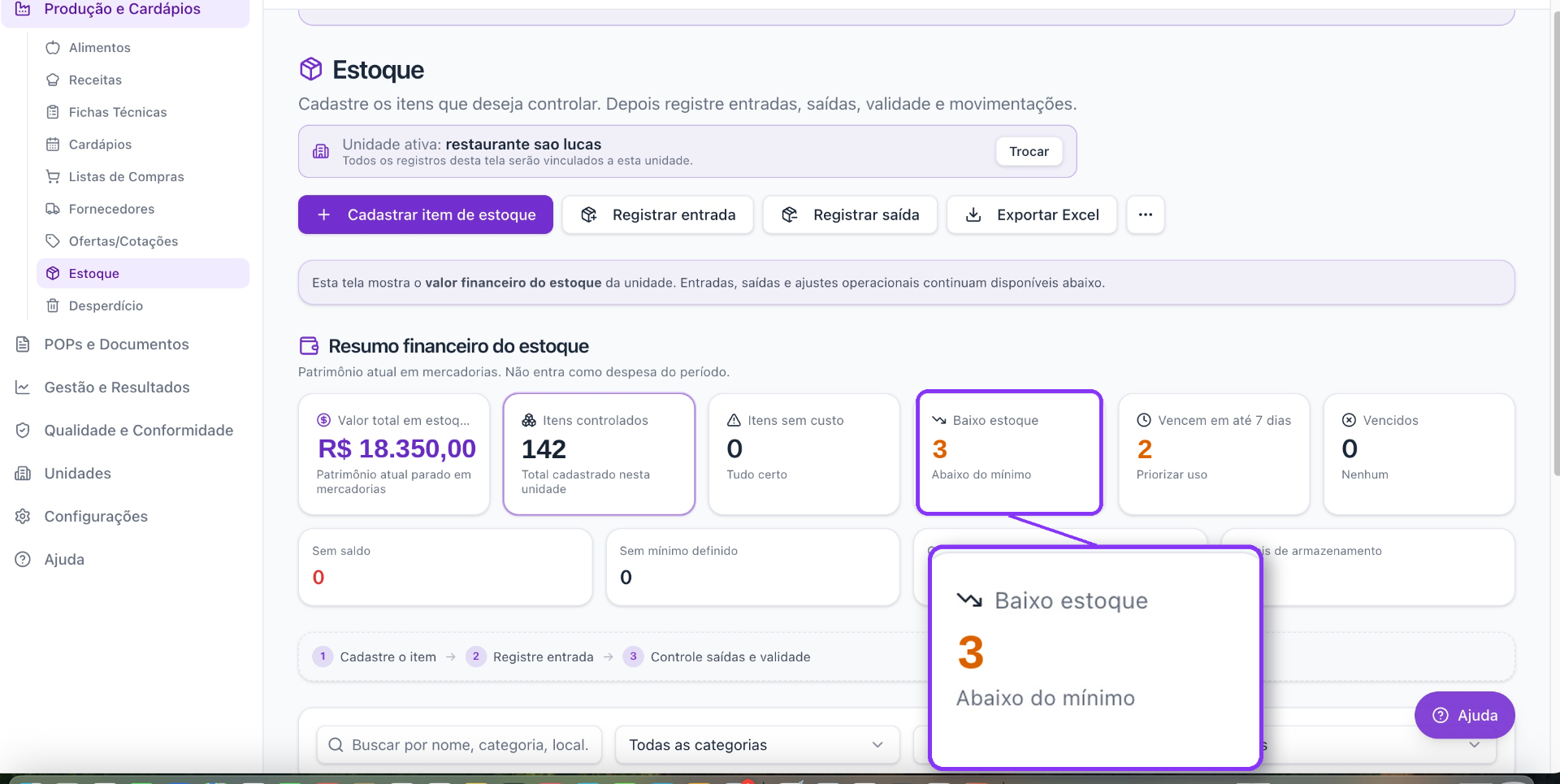 Controle de estoque no NutriUan com alerta de itens abaixo do mínimo