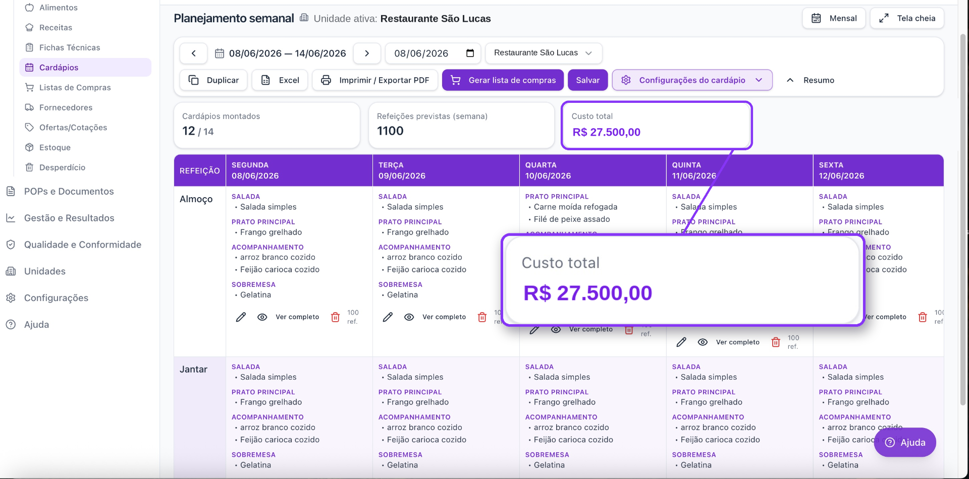 Planejamento semanal de cardápios no NutriUan com custo total calculado